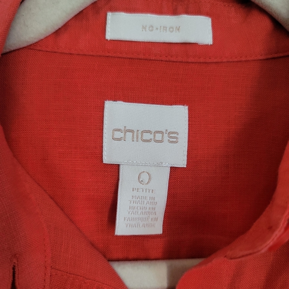 Chicos Top Womens Size 0P S Small Orange Linen Button Up Roll Tab Sleeve No Iron - Picture 6 of 7